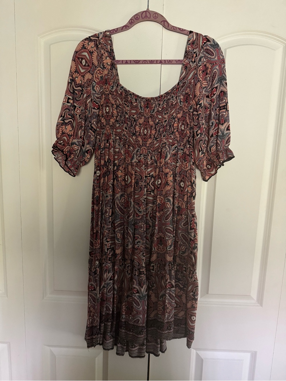 Boho Paisley Rust and Pink Smocked Midi Dress